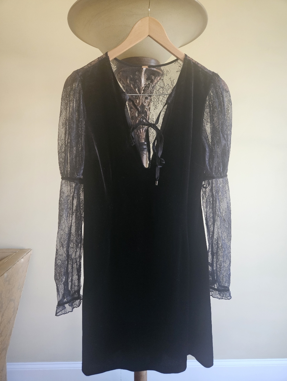 NWOT Free People Black Velvet Mini Dress with Lace Sleeves
